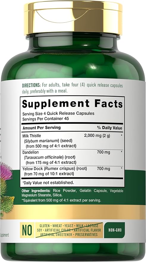 Carlyle Milk Thistle 2000mg – with Dandelion & Yellow Dock – Liver Detox & Antioxidant Support – Non-GMO, Gluten-Free – 180 Capsules