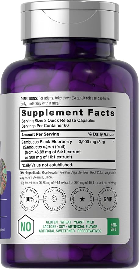 Horbäach Black Elderberry Capsules – 3000mg Sambucus Extract – Immune Support – Non-GMO, Gluten-Free – 180 Quick Release Capsules