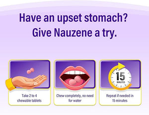 Nauzene Chewable Tablets for Nausea and Upset Stomach Relief – Non-Drowsy, Fast-Acting in 4 Minutes, Wild Cherry Flavor, 42 Count