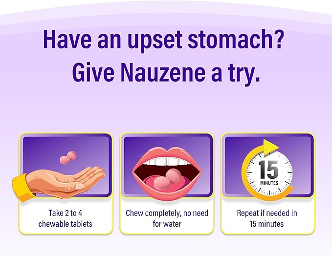 Nauzene Chewable Tablets for Nausea and Upset Stomach Relief – Non-Drowsy, Fast-Acting in 4 Minutes, Wild Cherry Flavor, 42 Count