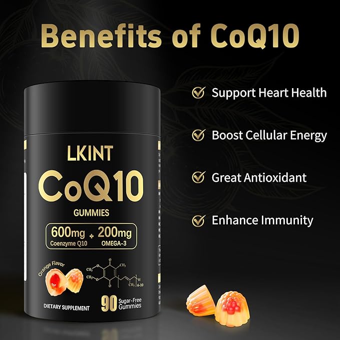 LKINT CoQ10 Gummies 600mg – Sugar Free, Vegan, High Absorption with Omega 3 & Vitamin E – Heart, Energy & Antioxidant Support – Orange Flavor – 90 Gummies
