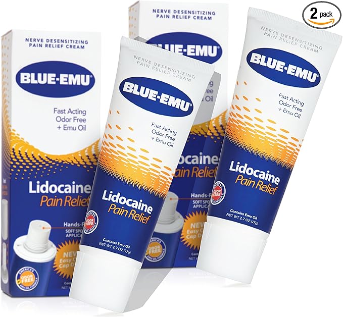 BLUE-EMU Lidocaine Pain Relief Cream 4% Topical Numbing Relief – 2.7 oz Tube, 2 Pack – Fast-Acting and Odor-Free Formula