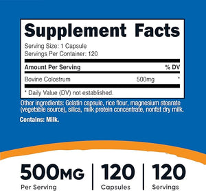 Nutricost Bovine Colostrum 500mg – Immune & Gut Health Support – Non-GMO, Gluten-Free, Third-Party Tested – 120 Capsules