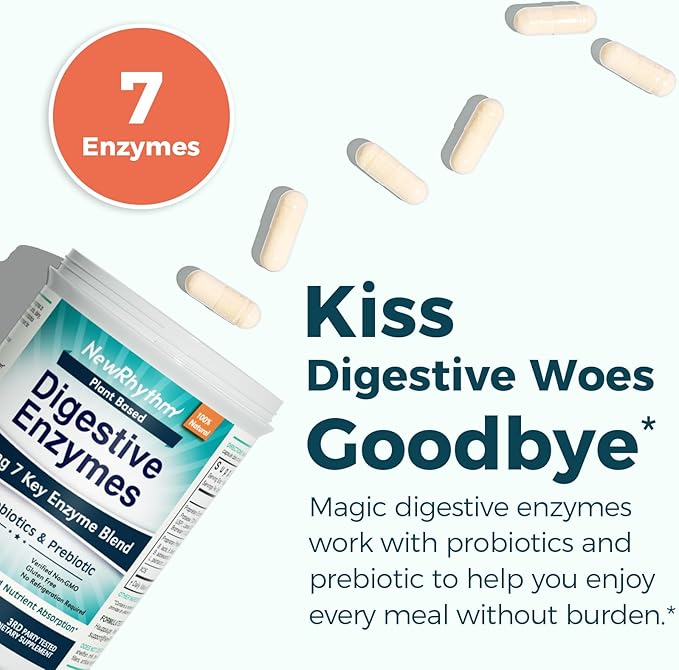 NewRhythm Digestive Enzymes 245mg with Probiotics & Prebiotics – Plant-Based Digestion, Bloating Relief & Nutrient Absorption – Vegan, Non-GMO, Gluten-Free – 60 Capsules