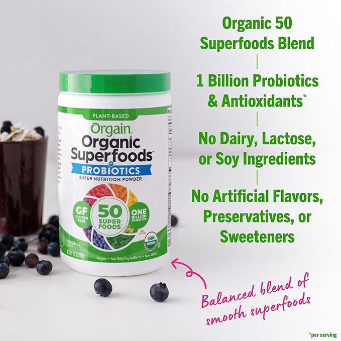 Orgain Organic Greens Powder – 50 Superfoods + Probiotics – Plant-Based, Vegan, Non-GMO Green Juice Mix – 0.62 lb