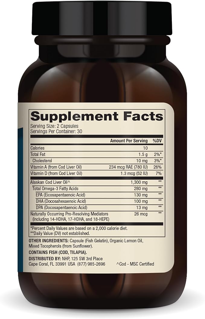 Dr. Mercola Cod Liver Oil 1300mg – Omega-3 DHA, EPA, DPA + Vitamins A & D – MSC Certified, Non-GMO, Gluten-Free – 60 Capsules