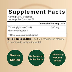 NatureBell TMG Supplements – 1,500mg, 240 Capsules, Max Strength Betaine Anhydrous, Non-GMO, Gluten-Free