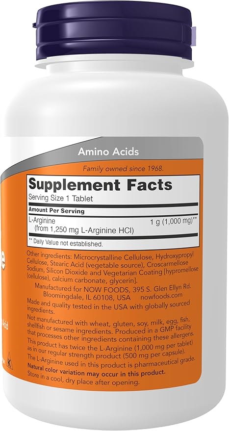 NOW Foods L-Arginine 1,000 mg – Double Strength Nitric Oxide Precursor – Cardiovascular & Performance Support – Non-GMO, Gluten-Free, Vegan – 120 Tablets