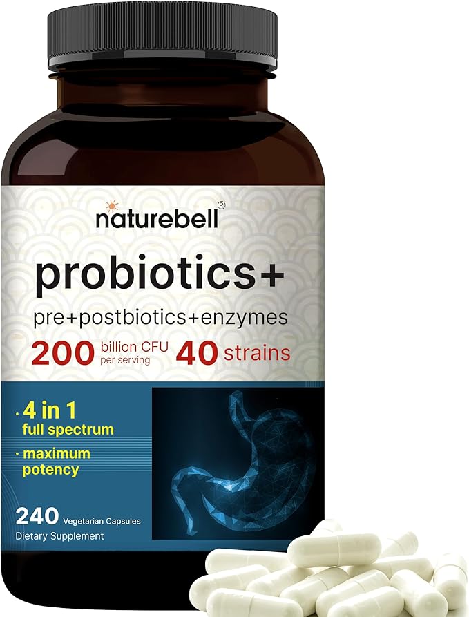 Probiotic 200 Billion CFU with 40 Strains, Prebiotics, Digestive Enzymes & Fiber – Gut Health & Bloating Support – Non-GMO, Gluten-Free – 240 Veggie Capsules