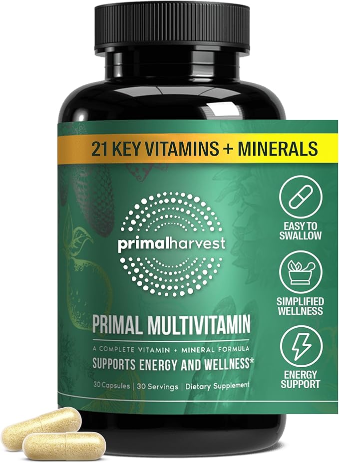 Primal Harvest Primal Multivitamin – Daily Energy, Immune & Beauty Support – 21 Vitamins & Minerals – 60 Capsules