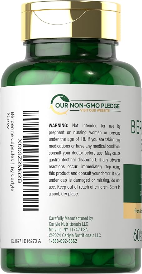 Carlyle Berberine HCL 500mg – Herbal Supplement from Barberry Extract – Blood Sugar, Heart & Metabolic Support – Non-GMO, Gluten-Free – 60 Vegetarian Capsules