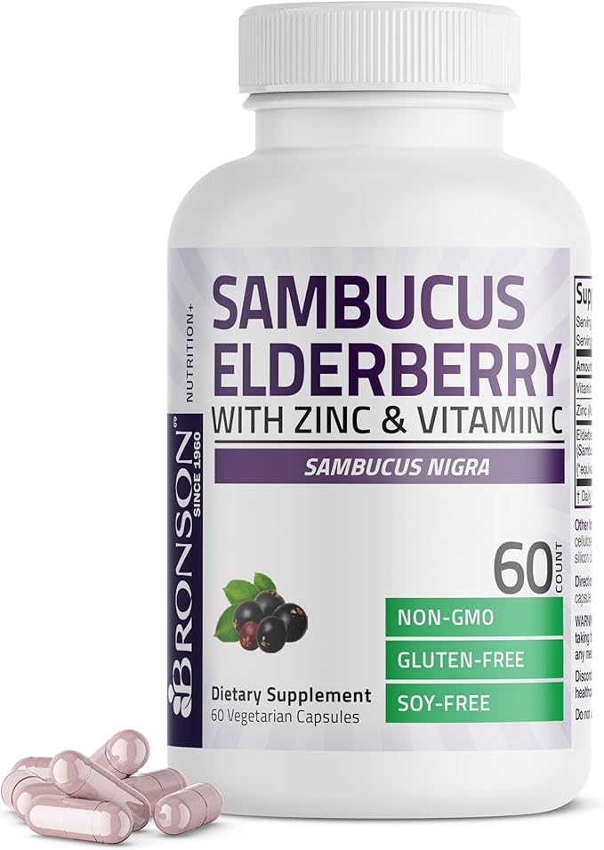 Bronson Sambucus Elderberry with Zinc & Vitamin C – Triple Immune Support & Antioxidant Protection – Non-GMO, Gluten-Free – 60 Vegetarian Capsules