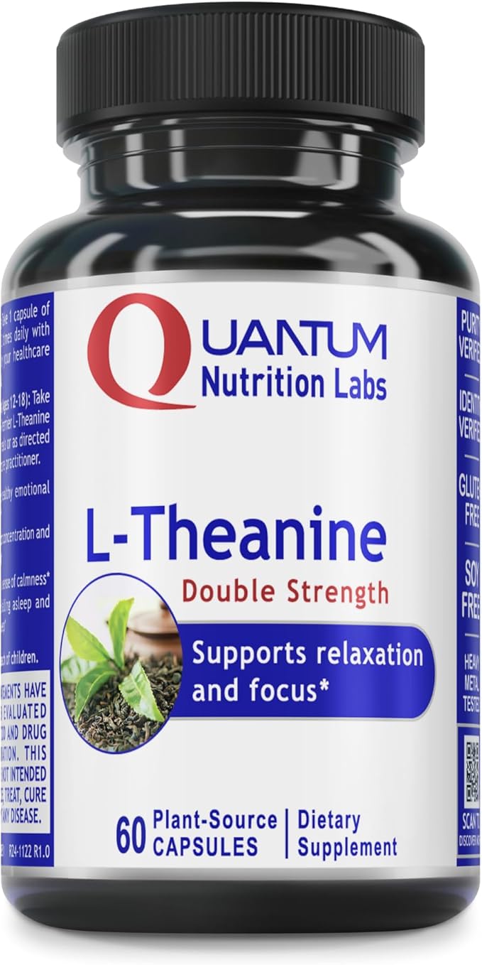 Quantum Nutrition Labs L-Theanine 200mg – Extra Strength Calm & Focus Support for Adults & Kids – Vegan, Non-GMO, Gluten-Free – 60 Capsules