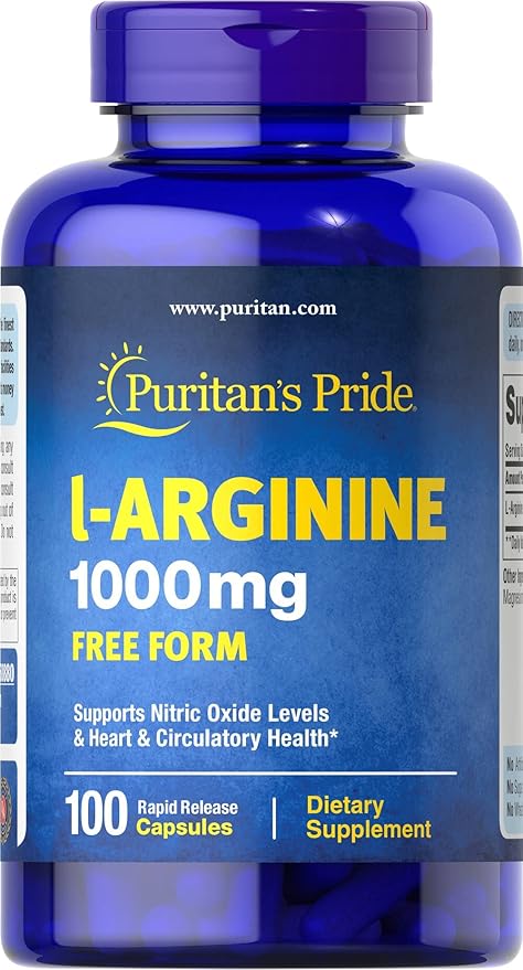 Puritan's Pride L-Arginine 1000mg – Amino Acid Supplement for Energy, Immunity & Post-Workout Recovery – Nitric Oxide Booster – 100 Capsules – Non-GMO, Gluten-Free