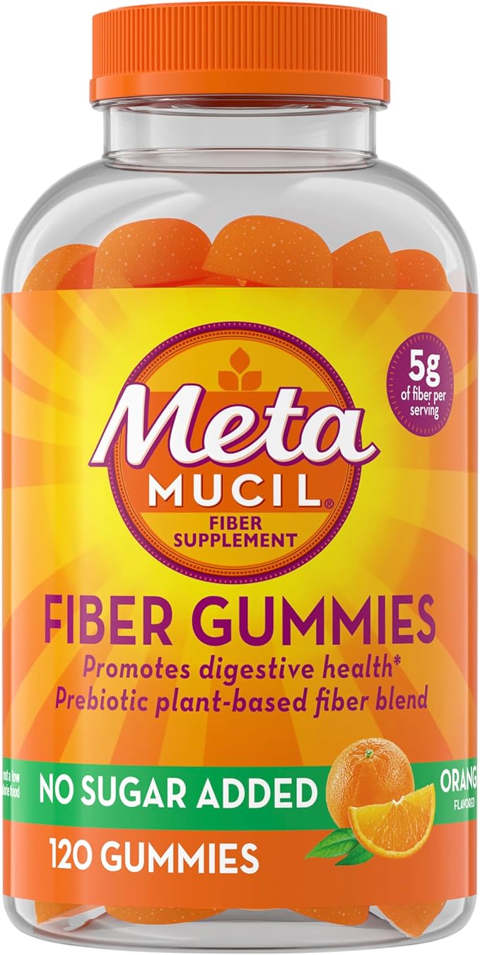 Metamucil Fiber Gummies for Adults – No Sugar Added, 5g Plant-Based Prebiotic Fiber – Orange Flavor – Non-GMO, Gluten-Free – 120 Gummies