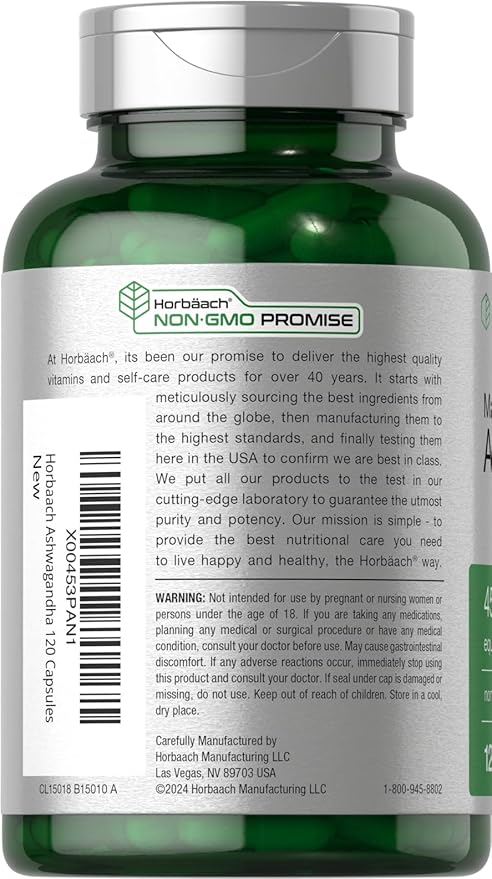 Horbäach Ashwagandha Max Strength – 4500mg Equivalent 10:1 Extract – Stress & Mood Support – Non-GMO, Gluten-Free – 120 Capsules