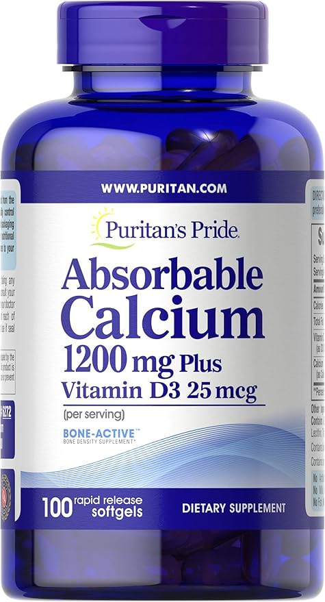 Puritan’s Pride Absorbable Calcium 1200mg + Vitamin D3 – Bone, Heart & Immune Support – 100 Softgels