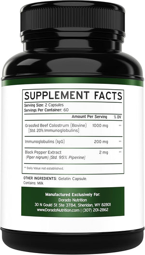 Dorado Nutrition Bovine Colostrum 1000mg – 20% IgG Grass-Fed Immune & Gut Support – No Fillers, Non-GMO, Gluten-Free – 120 Capsules – Made in USA