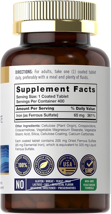 Carlyle Iron Ferrous Sulfate 65mg – High Potency Red Blood Cell & Energy Support – 400 Tablets