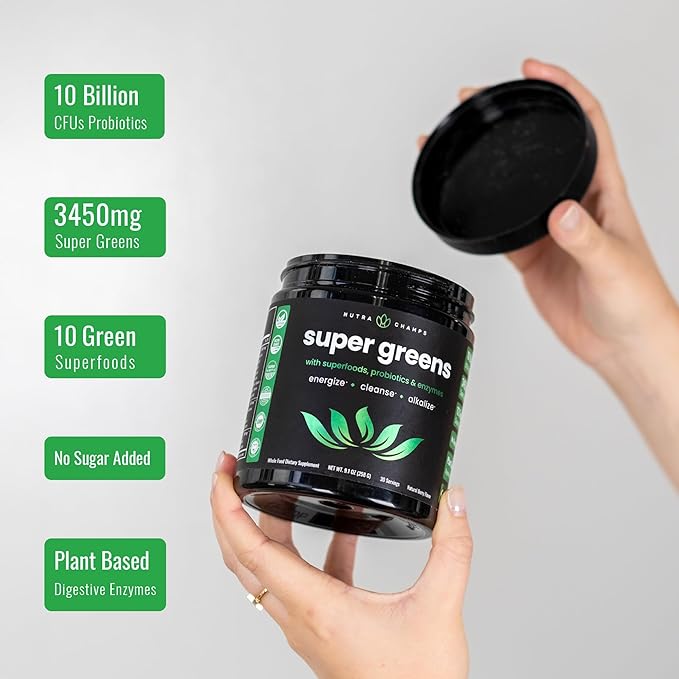 NutraChamps Super Greens Powder – Organic Superfood Blend with Spirulina, Chlorella, Wheatgrass, Probiotics & Digestive Enzymes – Berry Flavor – 9 oz