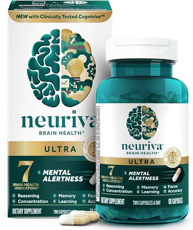 NEURIVA Ultra Decaffeinated Nootropic Brain Supplement – Memory, Focus & Mental Alertness – Cognivive™, Neurofactor™, Phosphatidylserine, B6 & B12 – 60 Capsules