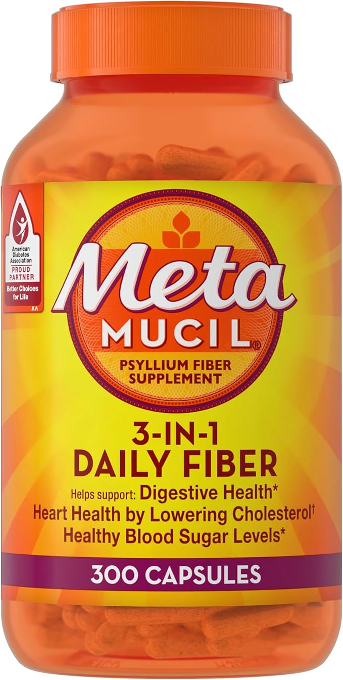 Metamucil Psyllium Husk Fiber Supplement – 3-in-1 Plant-Based Daily Digestive Health Support – Non-GMO, Gluten-Free – 300 Capsules