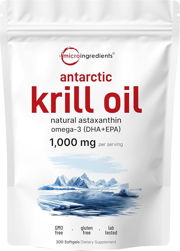 Micro Ingredients Antarctic Krill Oil – 1000mg per Serving – Omega-3 EPA, DHA, Phospholipids & Astaxanthin – Heart, Brain, Joint Support – Non-GMO, Gluten-Free – 300 Softgels (Value Size)