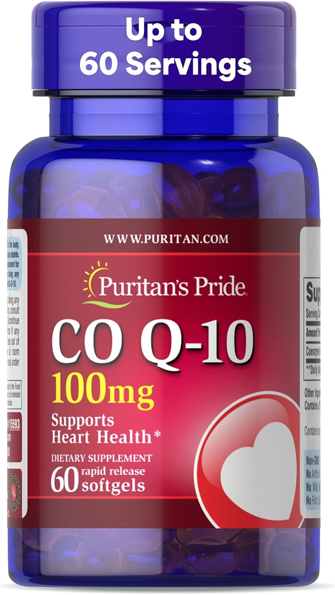 Puritan's Pride CoQ10 100mg – Rapid Release Softgels – Heart, Blood Pressure & Cellular Energy Support – Non-GMO, Gluten-Free – 60 Softgels