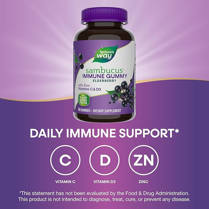 Nature’s Way Sambucus Elderberry Immune Gummies – Vitamin C, D3 & Zinc – Daily Immune Support for Kids & Adults – Vegetarian, Non-GMO, Gluten-Free – 60 Gummies