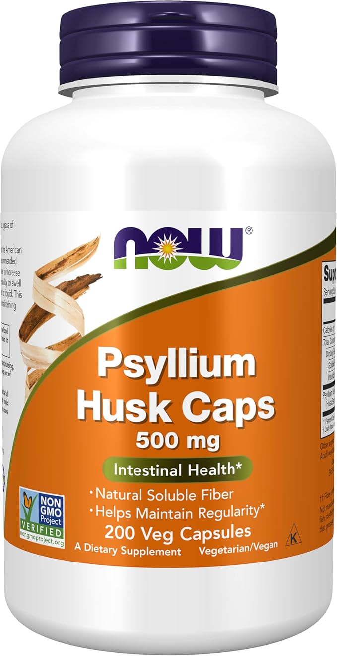 NOW Foods Psyllium Husk Caps 500mg – Natural Soluble Fiber for Intestinal Health & Regularity – Non-GMO, Gluten-Free, Vegan – 200 Capsules