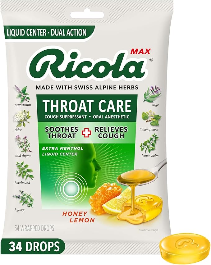 Ricola Max Honey Lemon Cough Suppressant Drops – 34 Count, Dual Action Liquid Center for Soothing, Long-Lasting Throat Relief with Menthol & Swiss Herbal Blend