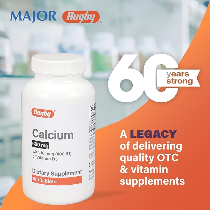 Rugby Calcium 600mg Tablets with 400 IU Vitamin D3 for Bone and Teeth Support Dietary Supplement 180 Count