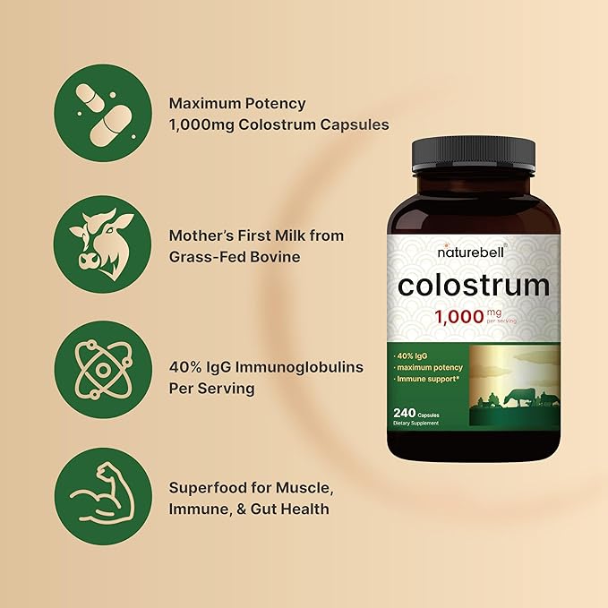 NatureBell Bovine Colostrum 1000mg – 40% IgG First-Milking Colostrum – Immune, Gut & Skin Support – Non-GMO, Gluten-Free – 240 Capsules (120 Servings)