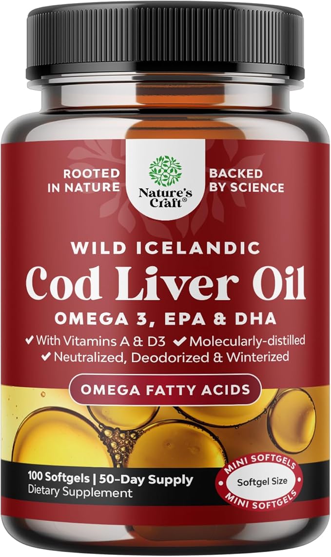 Icelandic Wild-Caught Cod Liver Oil 1000mg with Omega-3 EPA, DHA, Vitamins A & D – Burpless Softgels for Heart, Brain, Joint & Immune Support – Non-GMO, Gluten-Free – 100 Count