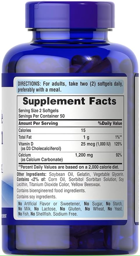 Puritan’s Pride Absorbable Calcium 1200mg + Vitamin D3 – Bone, Heart & Immune Support – 100 Softgels
