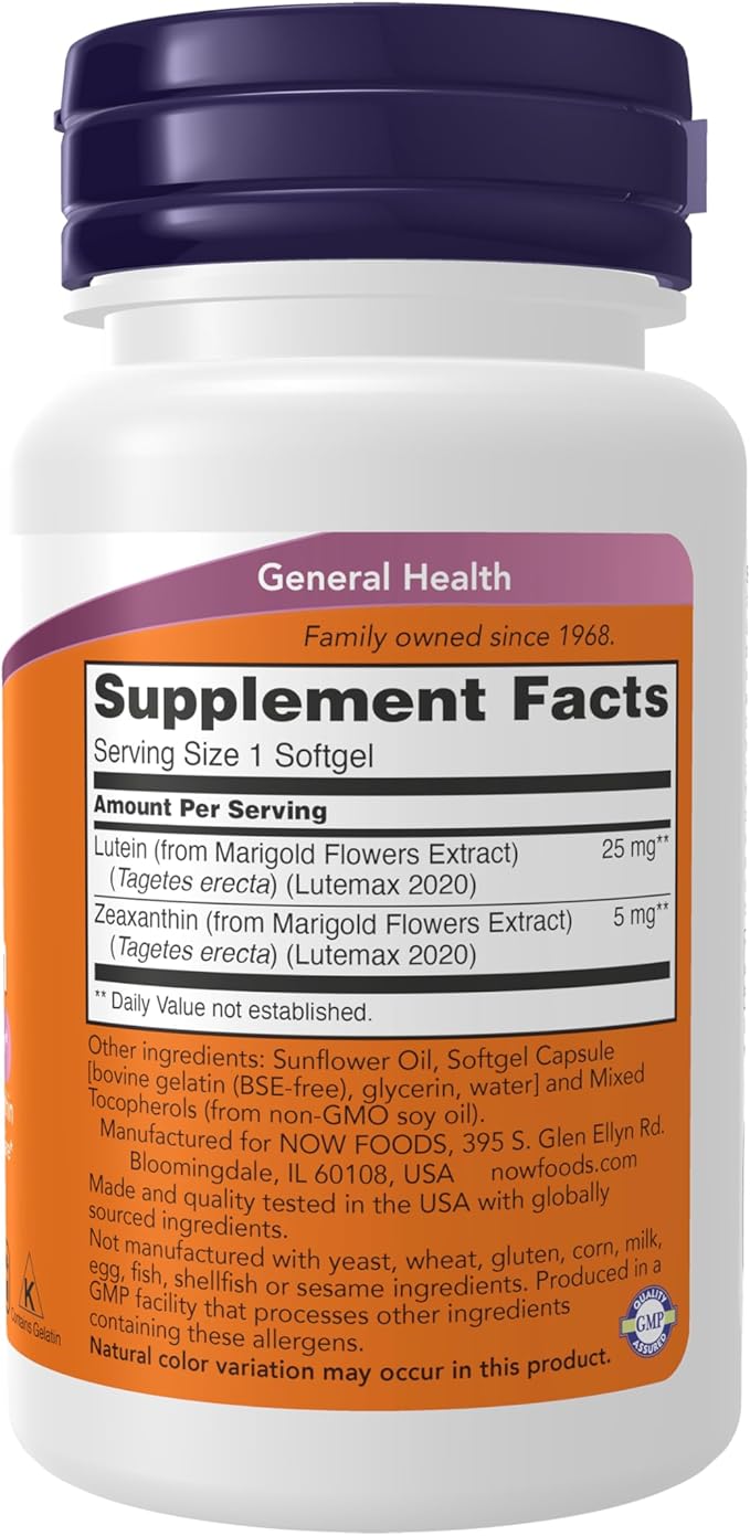 NOW Foods Lutein 25mg with Zeaxanthin 5mg – Eye Health & Blue Light Support – Non-GMO, Gluten-Free – 60 Softgels