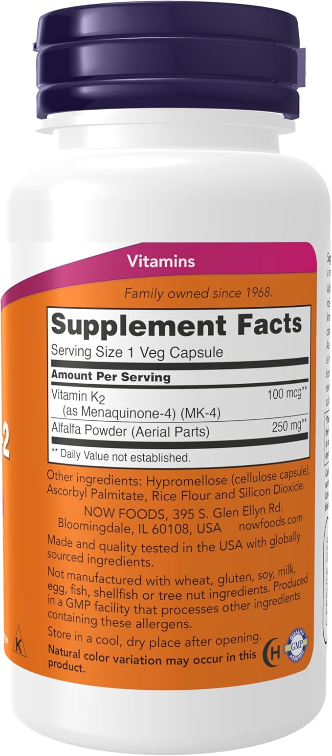 NOW Vitamin K2 100mcg (MK-4) – Bone & Calcium Support – Menaquinone-4 – 100 Veg Capsules – Non-GMO, Gluten Free
