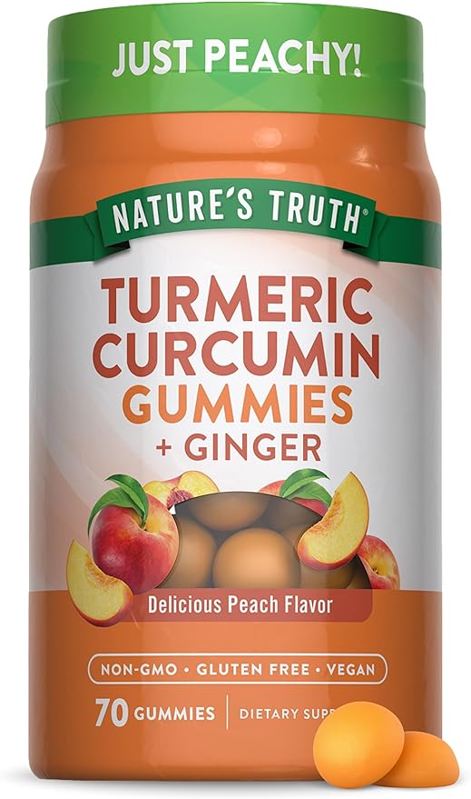 Nature’s Truth Turmeric & Ginger Gummies – 450mg Turmeric + 75mg Ginger per Serving – Vegan, Non-GMO, Gluten-Free – 70 Count Peach Flavor
