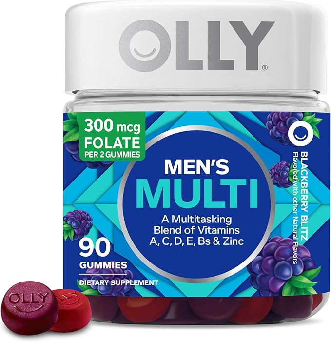 OLLY Men’s Multivitamin Gummies – 90 Count – Daily Vitamins A, C, D, E, B Complex & Zinc – Immune, Heart & Energy Support – Blackberry Flavor