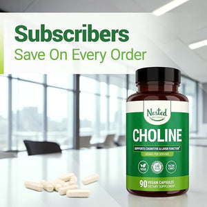 Nested Naturals Choline Bitartrate 500mg – High Potency Vegan Brain & Liver Support – 90 Capsules