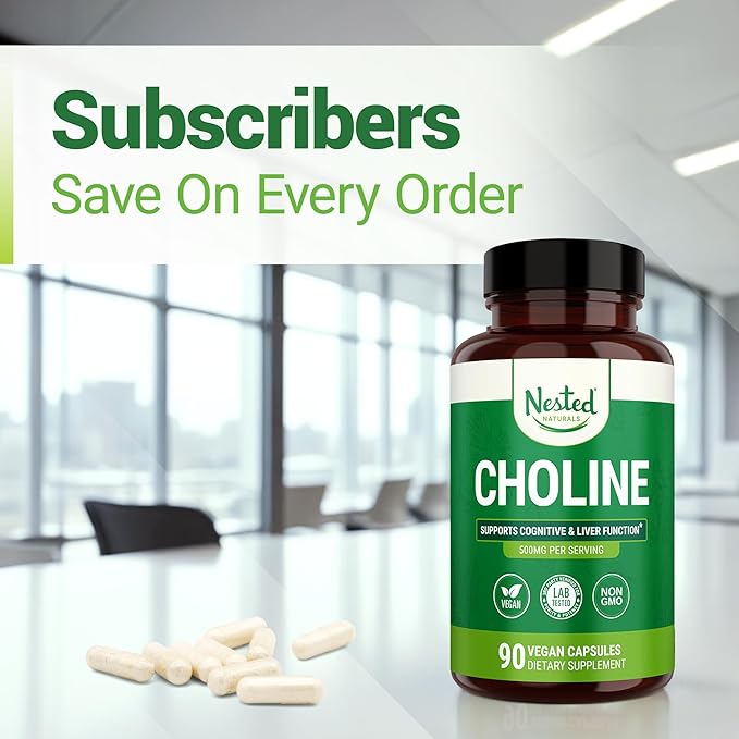 Nested Naturals Choline Bitartrate 500mg – High Potency Vegan Brain & Liver Support – 90 Capsules