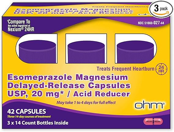 Ohm Esomeprazole Magnesium 20mg – 42 Delayed-Release Capsules – Acid Reducer for 24-Hour Heartburn Relief