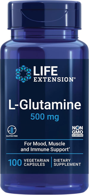 Life Extension L-Glutamine – 500 mg, Amino Acid Supplement, 100 Vegetarian Capsules, Gluten-Free, Non-GMO