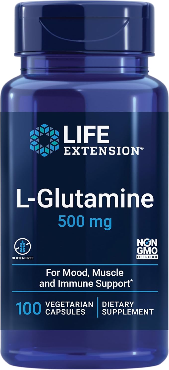 Life Extension L-Glutamine – 500 mg, Amino Acid Supplement, 100 Vegetarian Capsules, Gluten-Free, Non-GMO