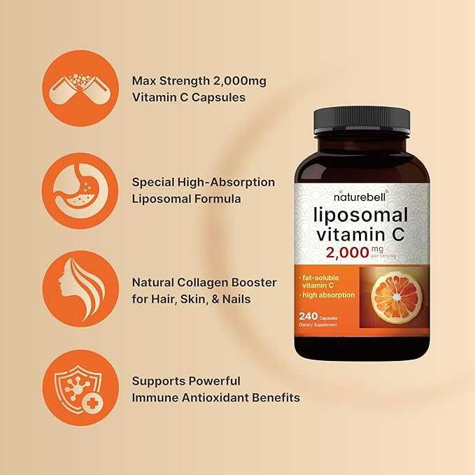 NatureBell Liposomal Vitamin C 2,000mg – High Absorption Immune & Collagen Support – 240 Capsules – Non-GMO