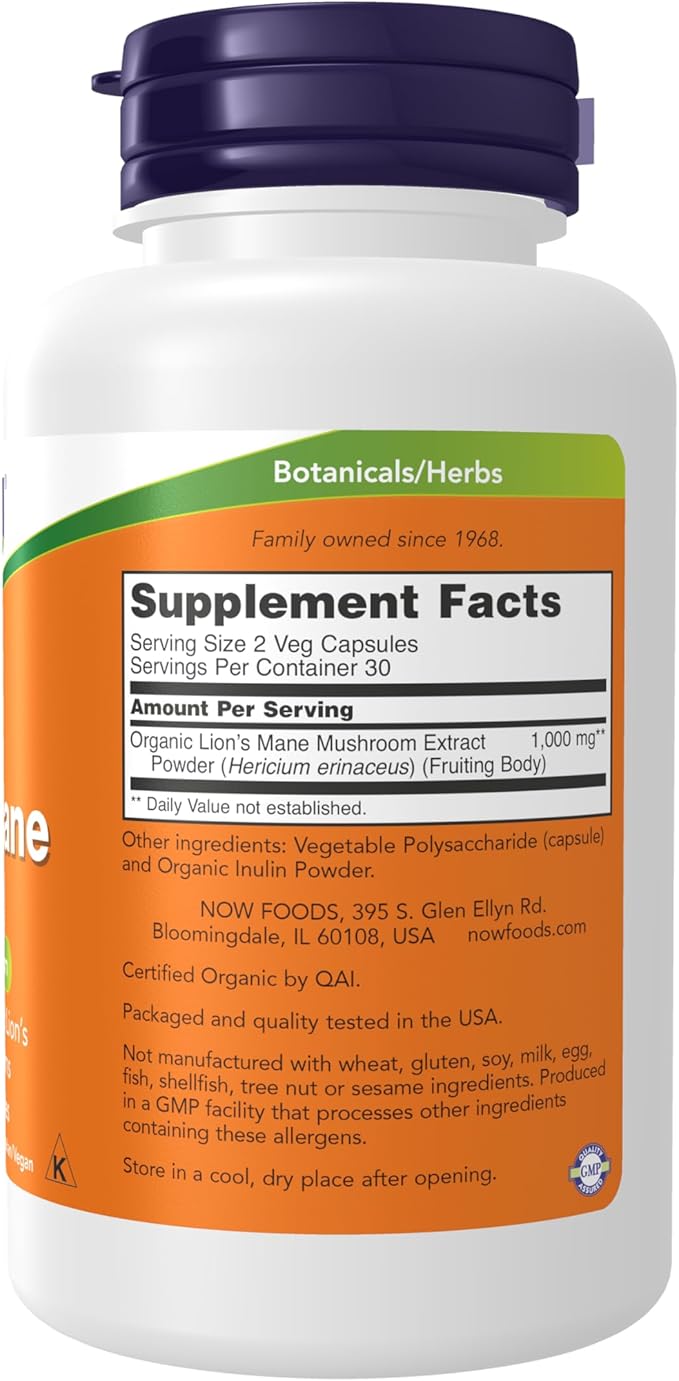 NOW Foods Lion’s Mane 500mg – Organic Brain & Immune Support – 60 Vegan Capsules