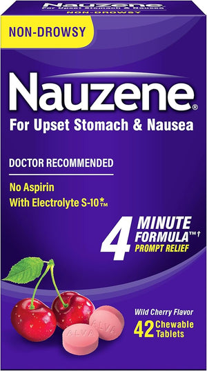 Nauzene Chewable Tablets for Nausea and Upset Stomach Relief – Non-Drowsy, Fast-Acting in 4 Minutes, Wild Cherry Flavor, 42 Count