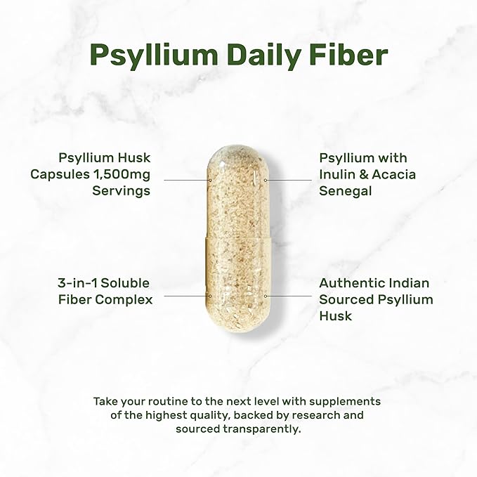 Psyllium Husk 1500mg Fiber Supplement with Inulin & Acacia – Plant-Based Soluble Fiber for Digestive Health, Regularity & Gut Support – Non-GMO, Gluten-Free – 300 Capsules