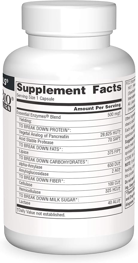 Source Naturals Essential Enzymes 500mg – Digestive Enzyme for Bloating, Gas & Constipation Relief – Non-GMO, Gluten-Free – 120 Capsules