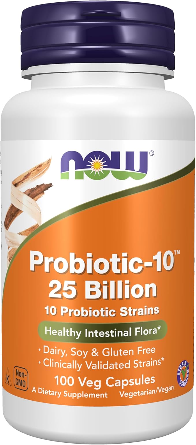 NOW Foods Probiotic-10 25 Billion CFU – 10 Clinically Validated Strains – Digestive & Immune Support – Non-GMO, Gluten-Free – 100 Veg Capsules
